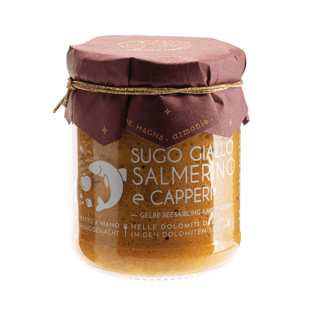 sugo trentino artigianale salmerino alpino pomodoro giallo capperi Alpe Magna vasetto 180 g